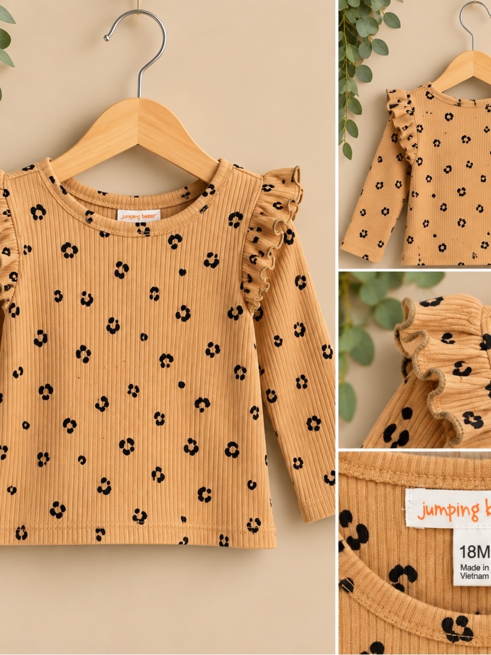 jumping beans Mustard Long-Sleeve Ruffle Top with Black Floral Dot Print